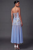 Floral Embroidered A Line Light Blue Long Wedding Guest Dress