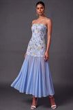 Floral Embroidered A Line Light Blue Long Wedding Guest Dress