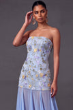 Floral Embroidered A Line Light Blue Long Wedding Guest Dress