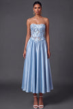 Light Blue Floral A Line Corset High Waist Long Wedding Guest Dress