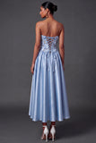 Light Blue Floral A Line Corset High Waist Long Wedding Guest Dress