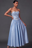 Light Blue Floral A Line Corset High Waist Long Wedding Guest Dress