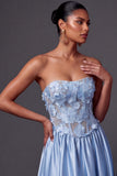 Light Blue Floral A Line Corset High Waist Long Wedding Guest Dress