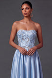 Light Blue Floral A Line Corset High Waist Long Wedding Guest Dress