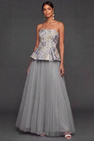 Grey Jacquard Floral A Line Pleated Long Wedding Guest Dress