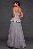 Grey Jacquard Floral A Line Pleated Long Wedding Guest Dress
