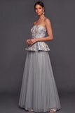 Grey Jacquard Floral A Line Pleated Long Wedding Guest Dress