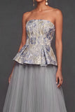 Grey Jacquard Floral A Line Pleated Long Wedding Guest Dress