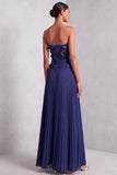 Pleated Floral A Line Appliqued Long Navy Wedding Guest Dress