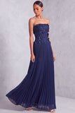Pleated Floral A Line Appliqued Long Navy Wedding Guest Dress