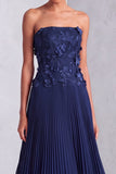 Pleated Floral A Line Appliqued Long Navy Wedding Guest Dress