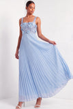 Pleated Light Blue Floral Appliqued Long Wedding Guest Dress