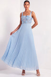 Pleated Light Blue Floral Appliqued Long Wedding Guest Dress