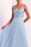 Pleated Light Blue Floral Appliqued Long Wedding Guest Dress
