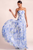 A Line Light Pink Floral Strapless Long Wedding Guest Dress