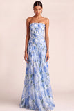 A Line Light Pink Floral Strapless Long Wedding Guest Dress