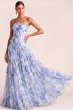 A Line Light Pink Floral Strapless Long Wedding Guest Dress