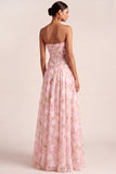 A Line Light Pink Floral Strapless Long Wedding Guest Dress
