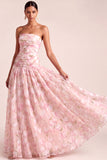 A Line Light Pink Floral Strapless Long Wedding Guest Dress