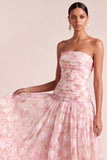 A Line Light Pink Floral Strapless Long Wedding Guest Dress