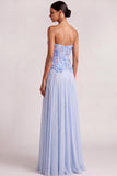 Floral A Line Appliqued Strapless Light Blue Long Wedding Guest Dress