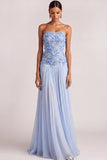 Floral A Line Appliqued Strapless Light Blue Long Wedding Guest Dress