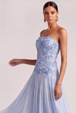 Floral A Line Appliqued Strapless Light Blue Long Wedding Guest Dress