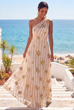 Ivory Floral A Line One Shoulder Long Wedding Guest Dress