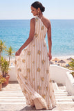 Ivory Floral A Line One Shoulder Long Wedding Guest Dress