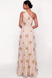 Ivory Floral A Line One Shoulder Long Wedding Guest Dress