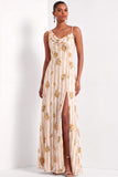 Ivory Floral A Line Appliqued Long Wedding Guest Dress with Slit