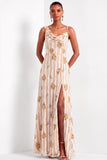 Ivory Floral A Line Appliqued Long Wedding Guest Dress with Slit