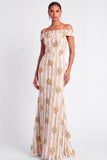 Ivory Floral Appliqued Off the Shoulder Long Wedding Guest Dress
