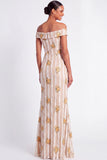 Ivory Floral Appliqued Off the Shoulder Long Wedding Guest Dress