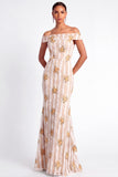 Ivory Floral Appliqued Off the Shoulder Long Wedding Guest Dress