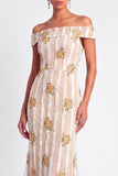 Ivory Floral Appliqued Off the Shoulder Long Wedding Guest Dress