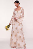 Flutter Sleeves Ivory Floral Appliqued Long Wedding Guest Dress