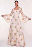 Flutter Sleeves Ivory Floral Appliqued Long Wedding Guest Dress