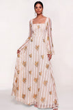 Flutter Sleeves Ivory Floral Appliqued Long Wedding Guest Dress