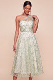 One Shoulder Ruched Light Green Floral Long Wedding Guest Dress