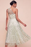 One Shoulder Ruched Light Green Floral Long Wedding Guest Dress