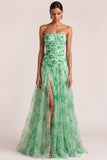 Green Pleated A Line Floral Strapless Long Wedding Guest Dress with Slit