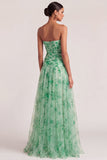 Green Pleated A Line Floral Strapless Long Wedding Guest Dress with Slit