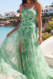 Green Pleated A Line Floral Strapless Long Wedding Guest Dress with Slit