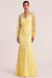 Yellow Mermaid Floral Puff Sleeves Long Wedding Guest Dress