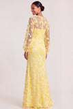 Yellow Mermaid Floral Puff Sleeves Long Wedding Guest Dress