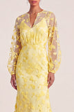 Yellow Mermaid Floral Puff Sleeves Long Wedding Guest Dress
