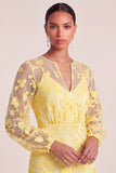 Yellow Mermaid Floral Puff Sleeves Long Wedding Guest Dress