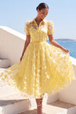Yellow Floral Puff Sleeves A Line Long Formal Dress