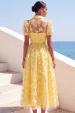 Yellow Floral Puff Sleeves A Line Long Formal Dress